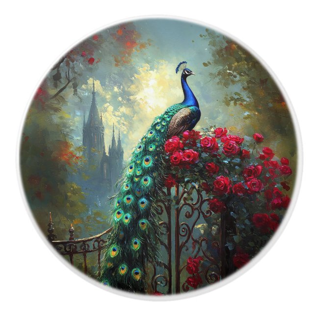 Dramatic Peacock Red Roses Gothic Ceramic Knob (Front)