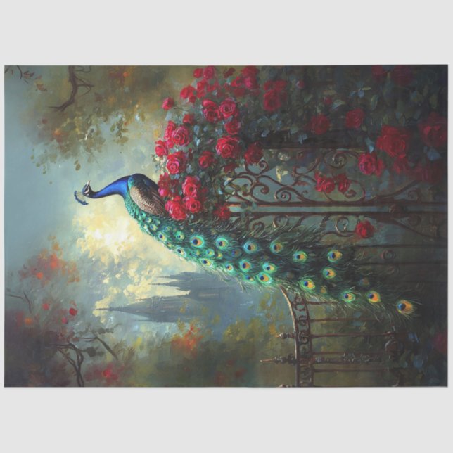 Dramatic Peacock Red Roses Gothic Decoupage Tissue Paper (Front)