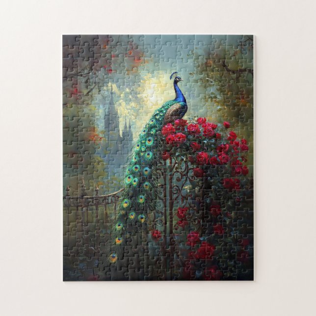 Dramatic Peacock Red Roses Gothic Jigsaw Puzzle (Vertical)