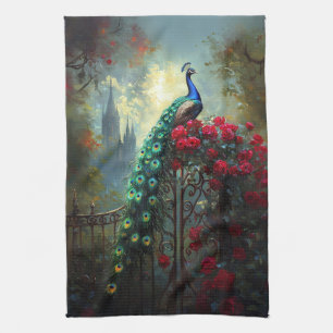 Dramatic Peacock Red Roses Gothic Kitchen Towel