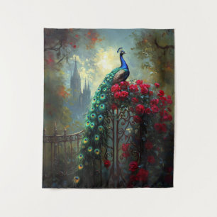 Dramatic Peacock Red Roses Gothic Tapestry
