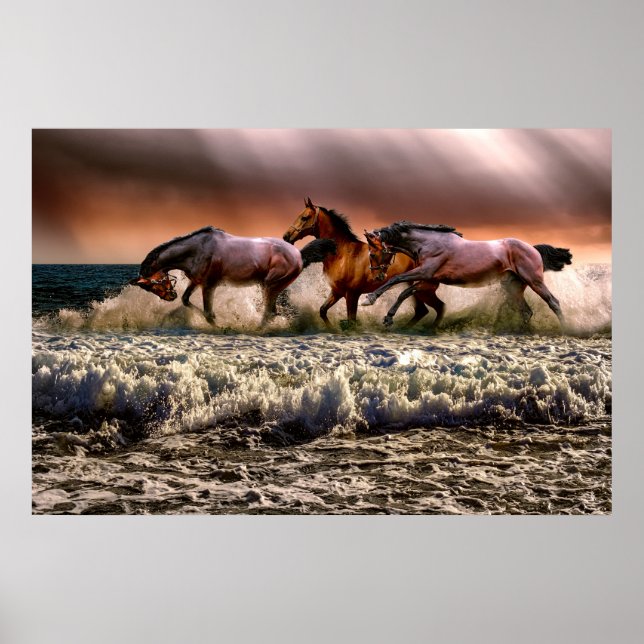 Dramatic photograph of horses running on a beach, poster (Front)