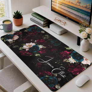 Dramatic Pink Burgundy Moody Floral Art Desk Mat