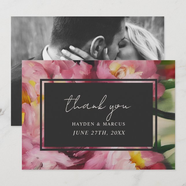 Dramatic Pink Floral Wedding Photo Thank You Card (Front/Back)