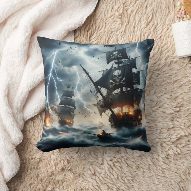 Dramatic Pirate Ship Battle Amid Thunderstorms Throw Pillow (Blanket)