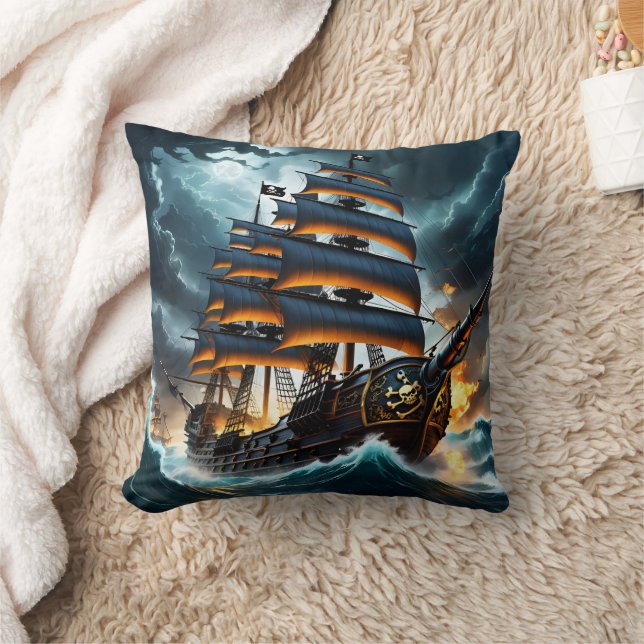 Dramatic Pirate Ship Sailing Through Stormy Seas Throw Pillow (Blanket)