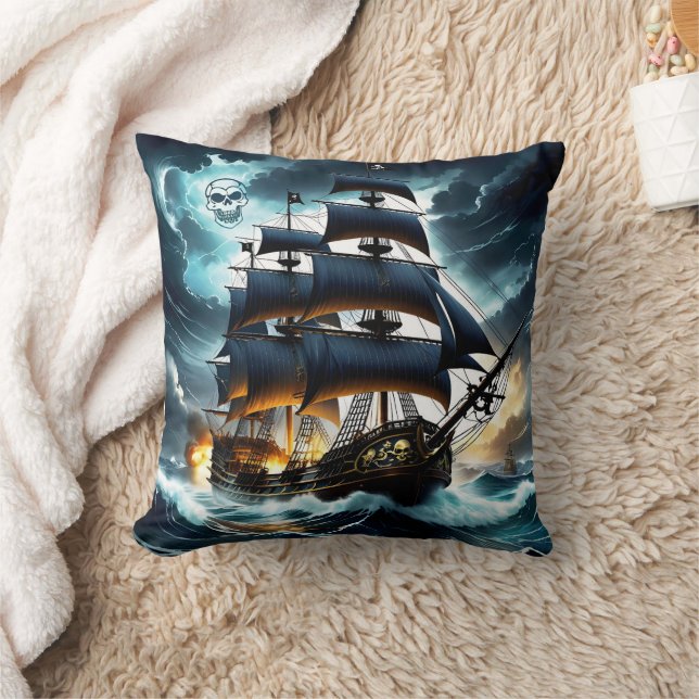 Dramatic Pirate Ship Sails Through Stormy Seas Throw Pillow (Blanket)