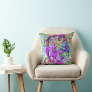 Dramatic Psychedelic Magenta and Purple Flowers Throw Pillow