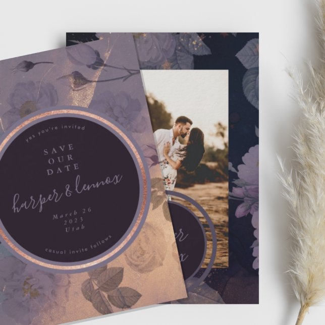 Dramatic Purple Floral Winter Rose Gold Photo Save The Date (Creator Uploaded)