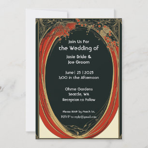 Dramatic red art nouveau wedding invitation