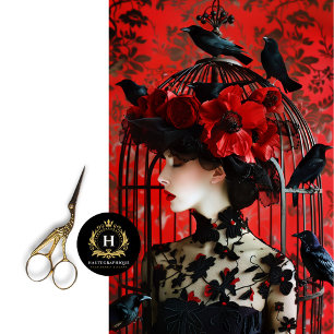 Dramatic Red  Black Floral Birdcage Hat Decoupage Tissue Paper