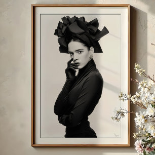 Dramatic Ribbon Hat: Elegant Fashion Portrait Poster