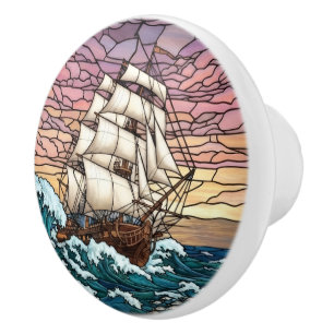 Dramatic Sea, Ship, Sunset, Vintage Nautical Ceramic Knob