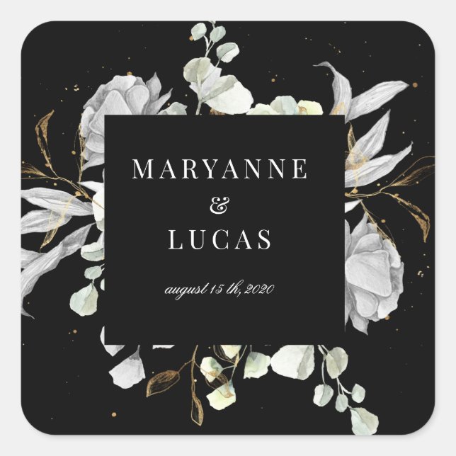 dramatic silver floral monogram wedding square sticker (Front)