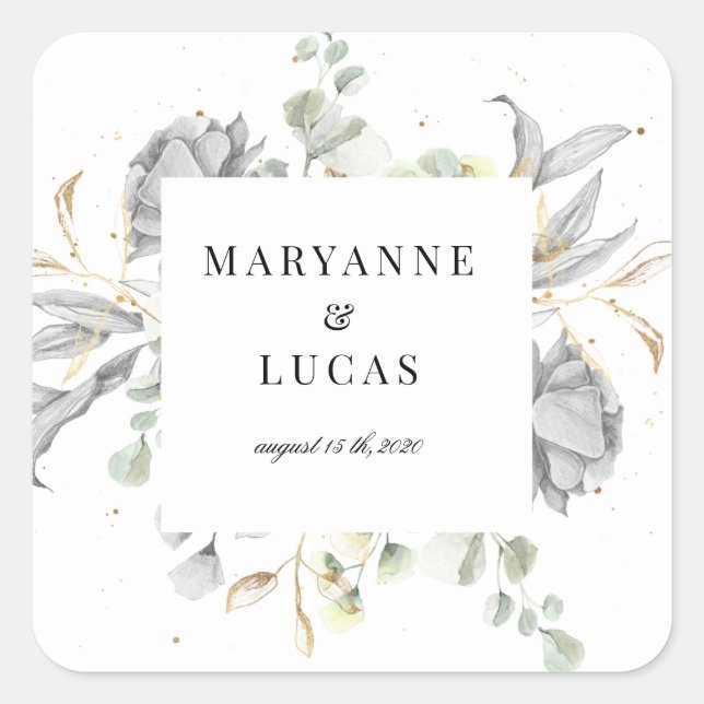 dramatic silver floral monogram wedding square sticker (Front)