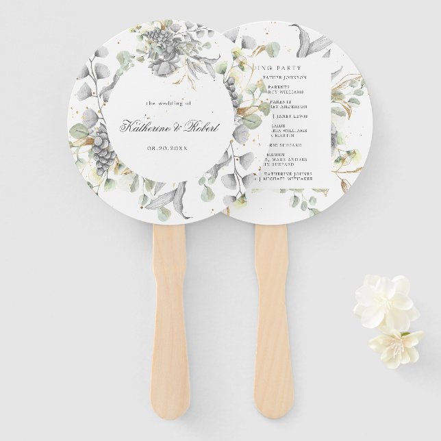 dramatic silver Floral Wedding Program Hand Fan (Front and Back)