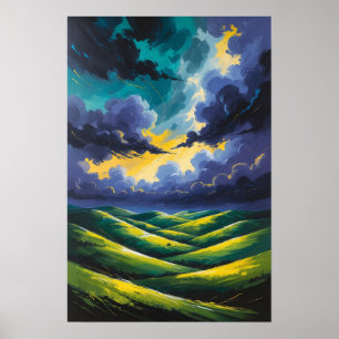 Dramatic Storm Clouds Over Rolling Green Hills Poster