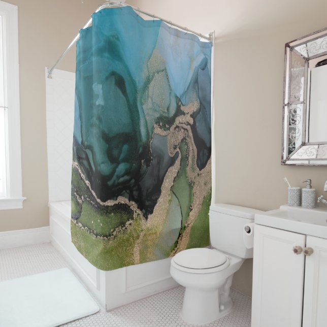 Dramatic Teal Green Black Shower Curtain (In Situ)
