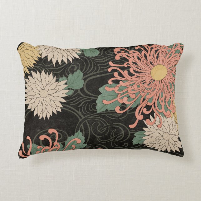 Dramatic Vintage Japanese Chrysanthemum Floral  Accent Pillow (Front)