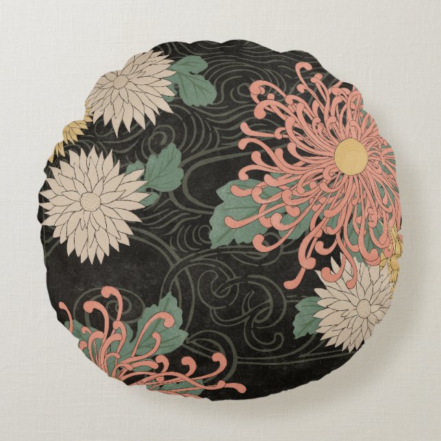 Dramatic Vintage Japanese Chrysanthemum Floral  Round Pillow (Front)