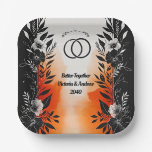Dramatic Watercolor Black Orange Floral Wedding Paper Plate