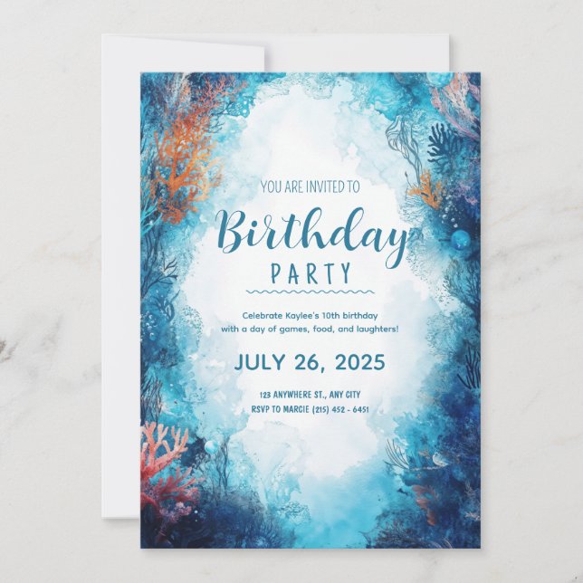 Dramatic Watercolor Deep Sea Coral Reef Invitation (Front)