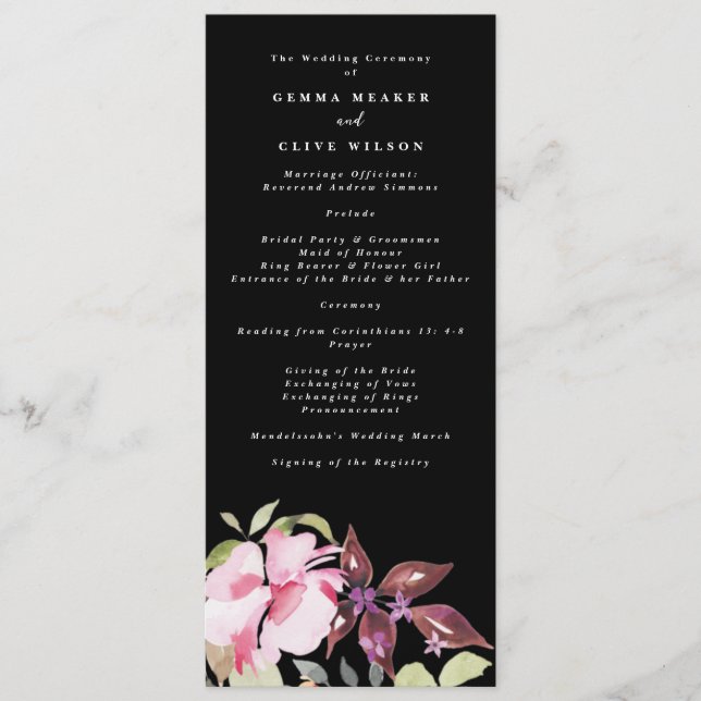 Dramatic Watercolor Florals Wedding Ceremony Program (Front)