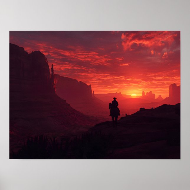 Dramatic Western Cowboy Sunset Red Canyon Art Poster (Front)