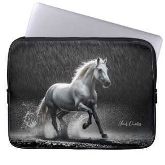 Dramatic White Horse Galloping in Rain Laptop Sleeve