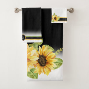 Dramatic Yellow Sunflowers on Black & White Bath Towel Set