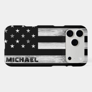 Drapeau américain Bois rustique Noir Blanc Monogra