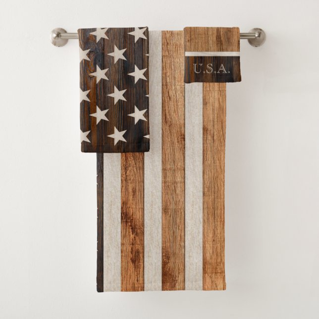 Drapeau Américain Horizontal à Ton de Bois Rustiqu (En situation)