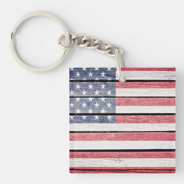 Drapeau américain "image bois" Porte - clé Voir re (Devant)