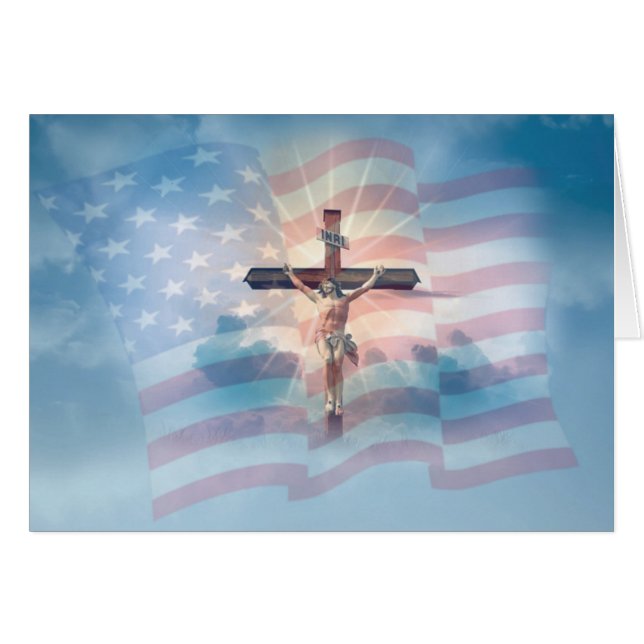 Drapeau américain Jésus sur des nuages de crucifix (Devant horizontal)