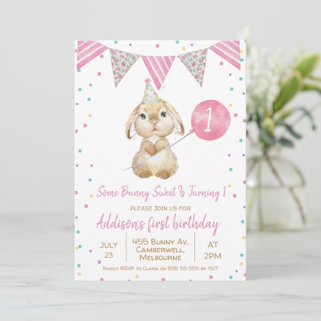Drapeau de Bunny Bunny 1er anniversaire Invitation (Debout devant)