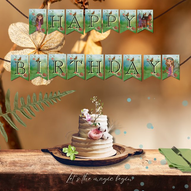 Drapeau de la fée de bois magique premier annivers (Magical Woodland Fairy First Birthday Bunting Flag)