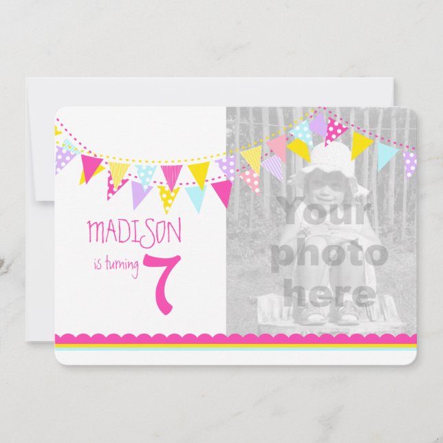 Drapeaux colorés filles 7e anniversaire invitation (Devant)