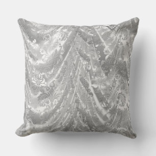 Draped Shiny Silver Floral Damasks Throw Pillow