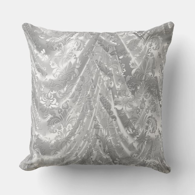 Draped Shiny Silver Floral Damasks Throw Pillow (Front)