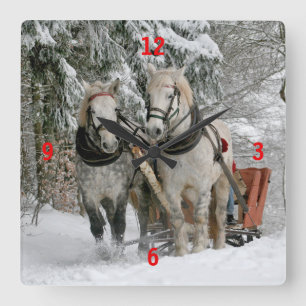 Draught   Horses Pulling Sleigh Square Wall Clock