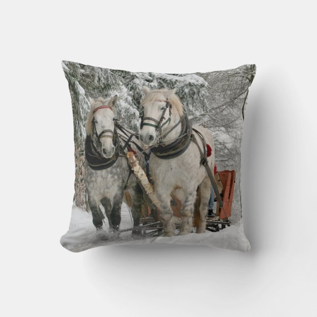 Draught Horses Pulling Sleigh Throw Pillow (Front)