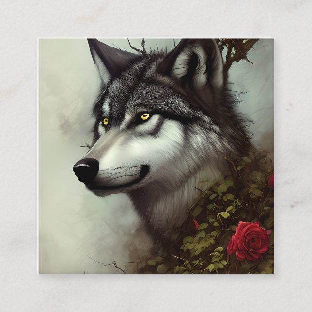 Draw a Wolf with Roses and Thorns Digital Graphic Square Business Card (Front)