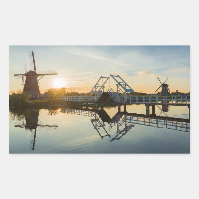 Drawbridge and windmills at sunset in Holland Sticker (Front)