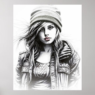 Drawing by a young grunge woman poster