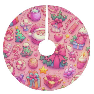 Drawing Christmas Motifs Pink  Brushed Polyester Tree Skirt