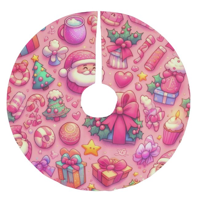 Drawing Christmas Motifs Pink  Brushed Polyester Tree Skirt (Front)