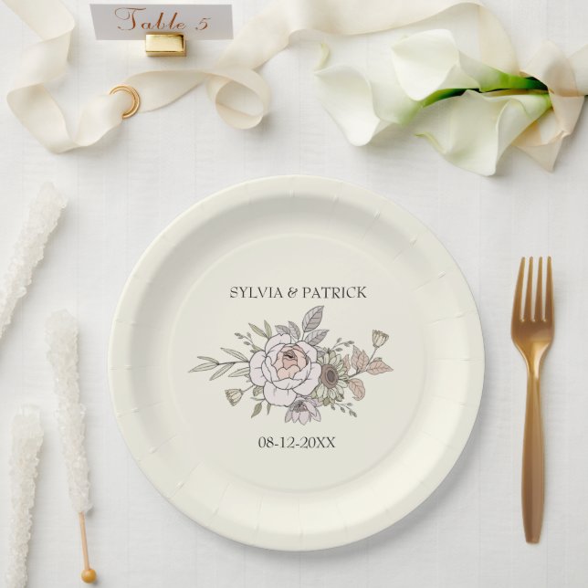 Drawing flowers ivory romantic wedding  paper plate (Wedding)