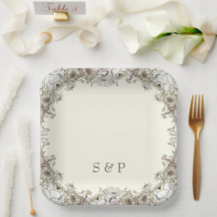 Drawing flowers ivory romantic wedding paper plate