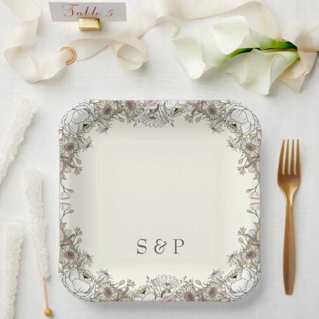 Drawing flowers ivory romantic wedding  paper plate (Wedding)