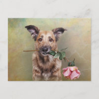 Drawing funny dog holding a flower in the mouth